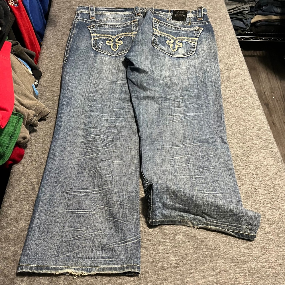 Rock Revival George Straight Jeans Mens 40 Blue Distressed Embroidered Denim